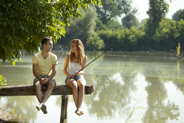 年轻夫妇钓鱼。图片下载