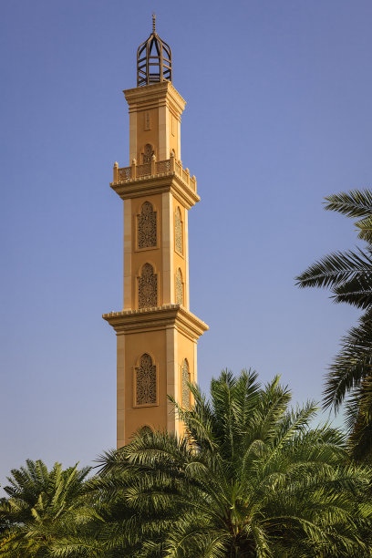 迪拜，阿拉伯联合酋长国 - 宣礼塔和海枣树图片下载