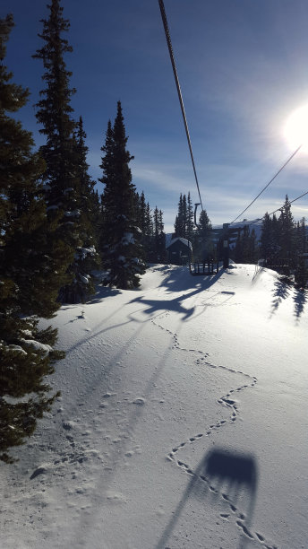 一只松鼠在滑雪缆车下面的雪地上留下足迹图片下载