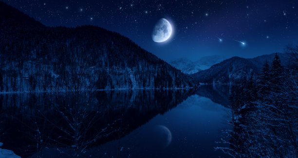 夜景拍摄的山和湖图片下载