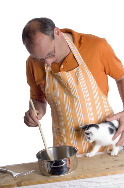 人和猫在厨房里图片下载