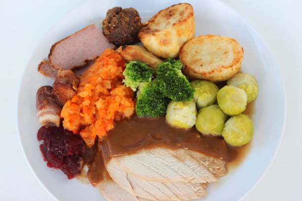 圣诞晚餐盘中的食物、火鸡和蔬菜图片图片下载