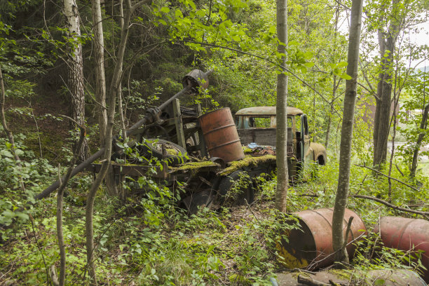 被遗弃的生锈汽车残骸藏在森林里图片下载