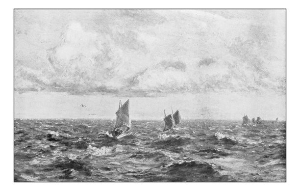 古董绘画照片:海景与船图片下载