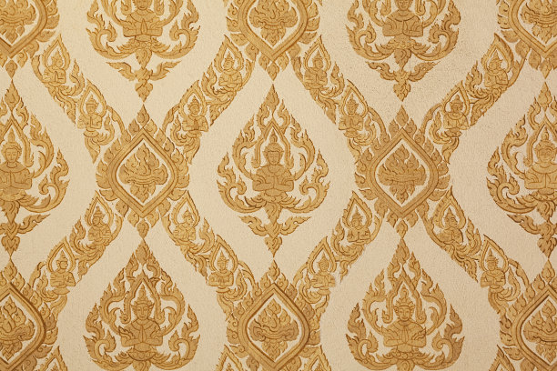 古色古香的手绘墙壁装饰泰国佛教寺庙图案与神话天使装饰。图片下载