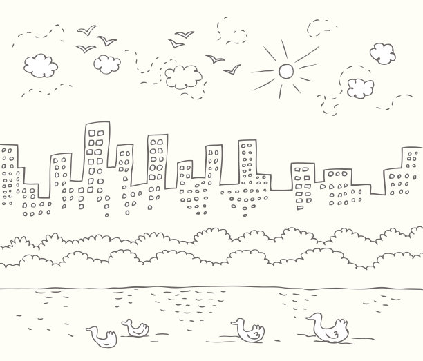 城市天际线和池塘里鸭子游泳的公园图片下载