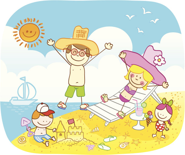 家庭:母亲，父亲，孩子在海滩卡通插图图片下载
