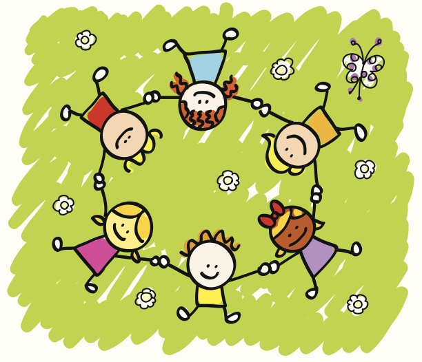 快乐的小朋友手牵着手，春天在户外玩耍，夏天大自然卡通图片下载