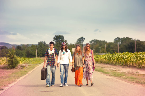 一群嬉皮士走在路上图片下载