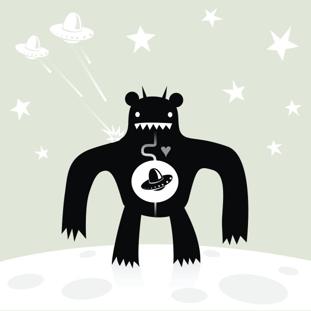 卡通怪物肚子里有一个UFO站在月球上图片下载