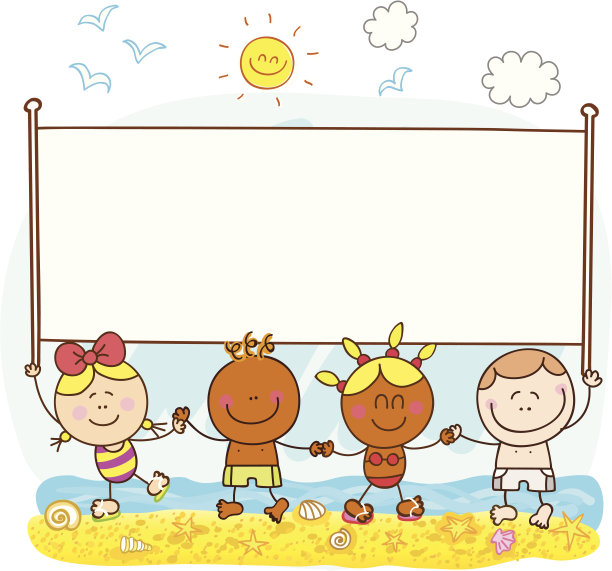快乐的孩子们举着旗帜在夏季海滩卡通插图图片下载