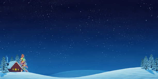 小屋和圣诞树在冬季的夜晚滚动景观图片下载