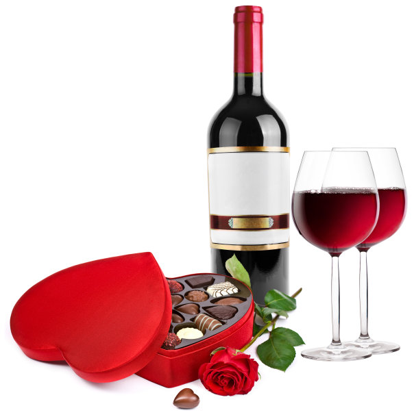 红酒、玫瑰和心形巧克力图片下载
