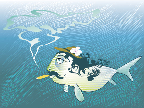 长头发的滑稽鱼，雪茄，帽子和胡子图片下载