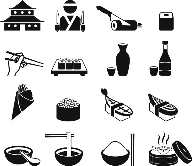 日本寿司餐厅黑白免版税矢量图标集图片下载