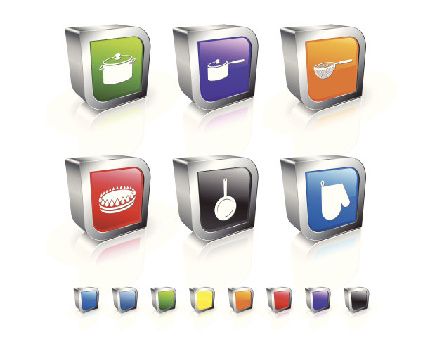 烹饪设备3D矢量图标设置与金属圈图片下载