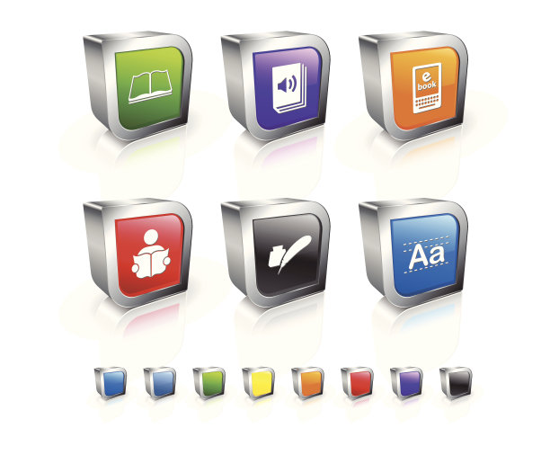 现代阅读技术3D矢量图标设置与金属圈图片下载