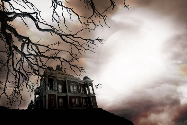 山顶上的鬼屋，周围是死树图片下载