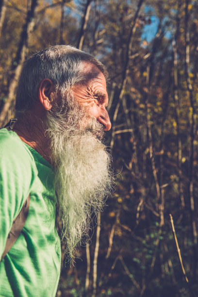 快乐的年长高加索漫步在森林，阿尔卑斯山，欧洲图片下载