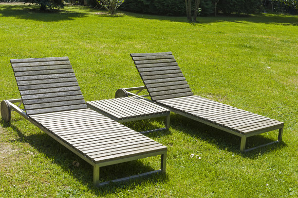 花园草地上的两个日光浴床图片下载