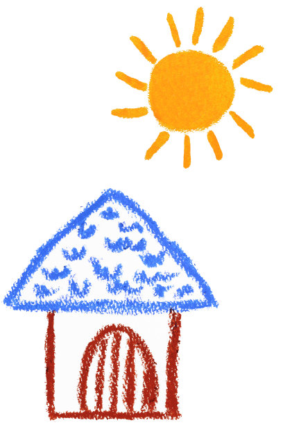 蜡笔画的房子和太阳在白色的背景图片下载