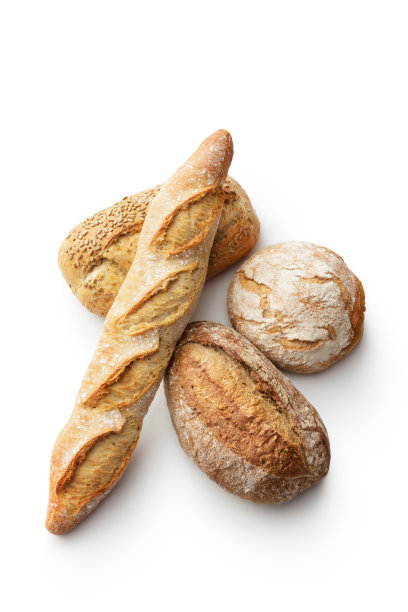 面包:各种面包孤立在白色背景图片下载