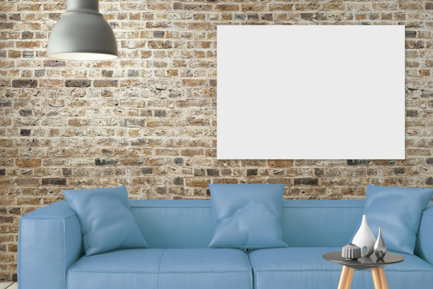 极简主义现代室内客厅与蓝色沙发和海报框架图片下载
