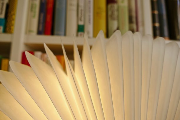 在摆满书架的前面，打开的书被照亮图片下载