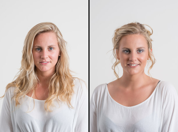 女人在喷枪化妆和美发前后素材图片