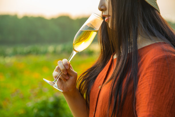 日落时分喝香槟的女性图片下载