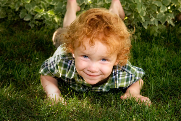 小男孩在草地上微笑图片下载