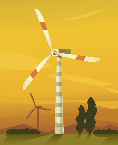 漫画风格的风力涡轮机在日落图片下载