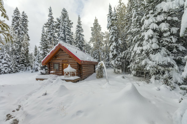 阿西尼博因山省公园的小屋和雪，加拿大。图片下载
