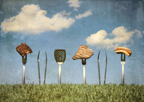 在一个炎热的夏天烧烤排骨，汉堡和热狗对着蓝天图片下载