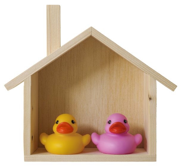 两只橡皮鸭在一起，一只是黄色的，另一只是紫色的，在一个概念性的木屋里。图片下载