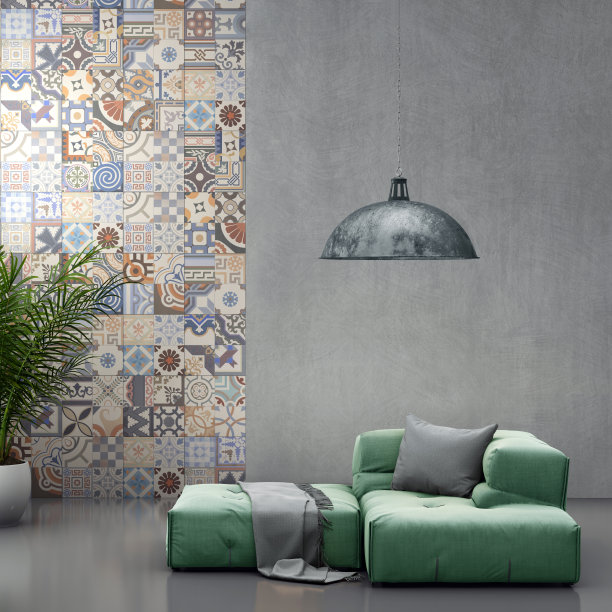 室内采用绿色粉彩沙发和空白墙素材图片