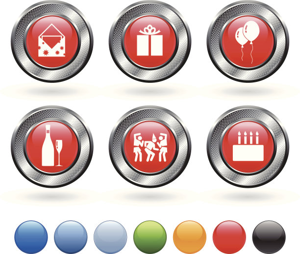 生日派对矢量图标设置在按钮与金属边框图片下载