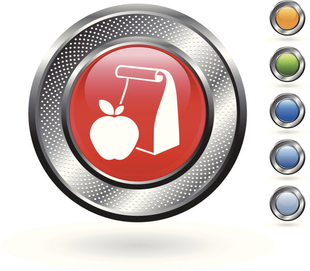 学校午餐袋和苹果图标的按钮与金属图片下载