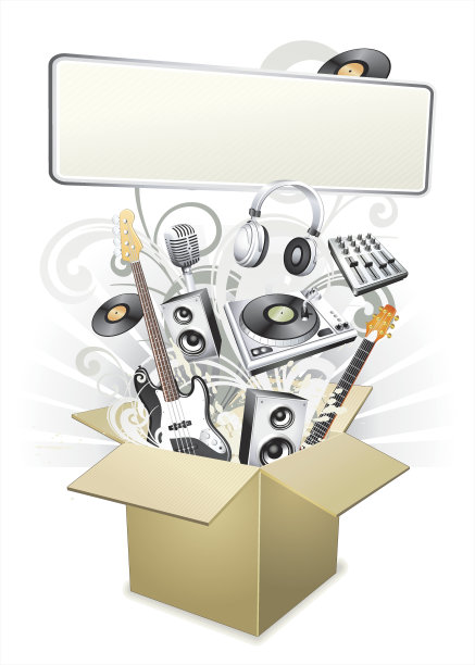 盒音乐乐器与旋涡和文本框架图片下载