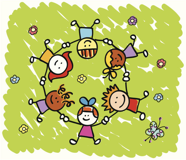 快乐的小朋友手牵着手，春天在户外玩耍，夏天大自然卡通图片下载