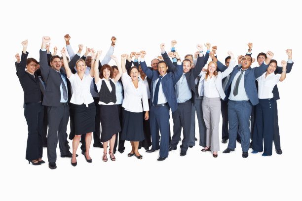 一群成功的商业同仁举手示意图片下载