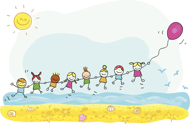 孩子们用气球在海滩，海边，假期卡通插图图片下载