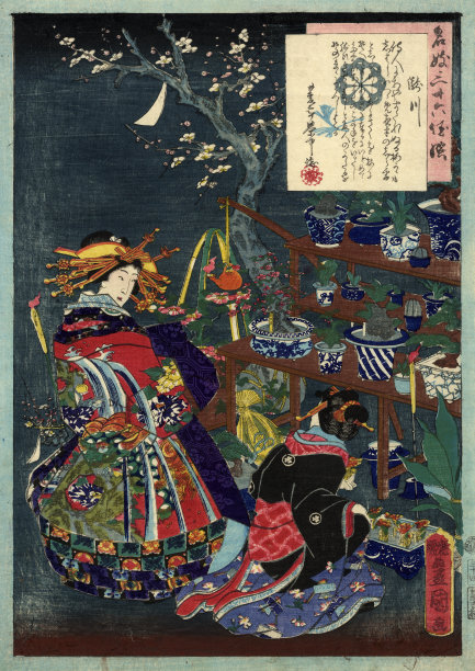 传统日本木版艺妓在花园里图片下载