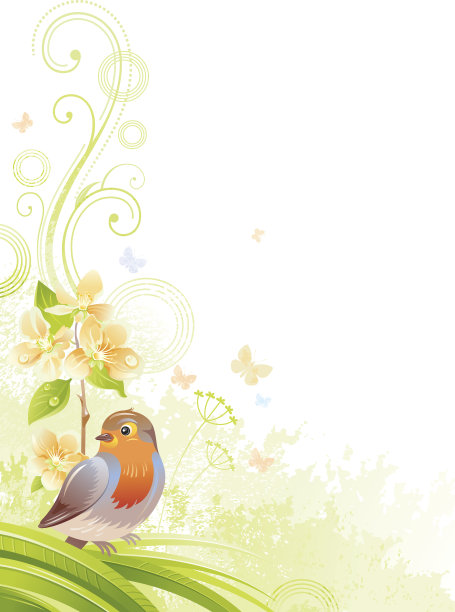 垂直背景与copyspace，果树树枝和知更鸟图片下载