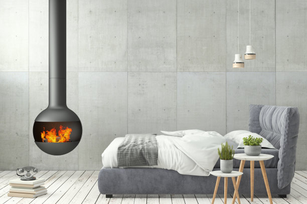 室内现代时尚的卧室墙模板与壁炉素材图片