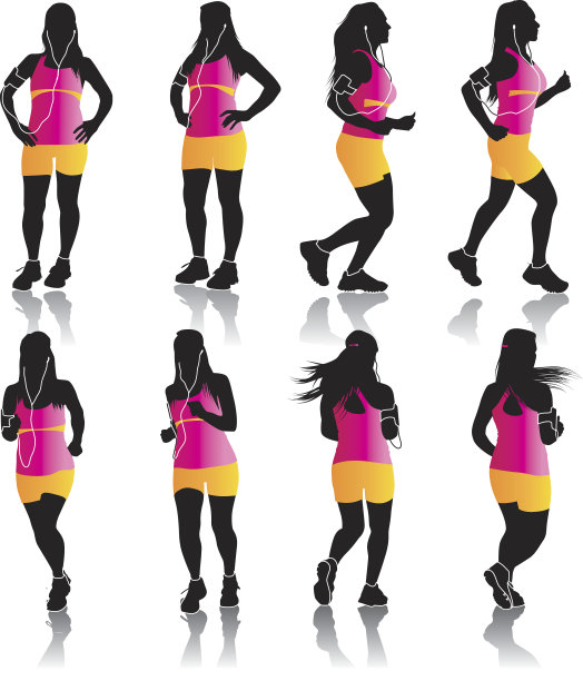 8个女跑步者的剪影，摆出各种姿势图片下载