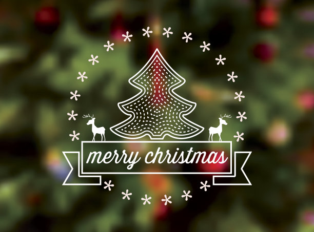 快乐的圣诞树线图标上模糊的绿色背景图片下载