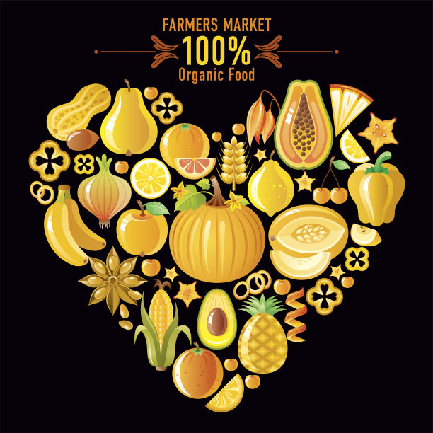 黄色的水果和蔬菜心形的黑色背景图片下载