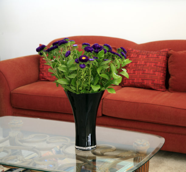 只有一瓶紫色的花和一个橙色的沙发图片下载