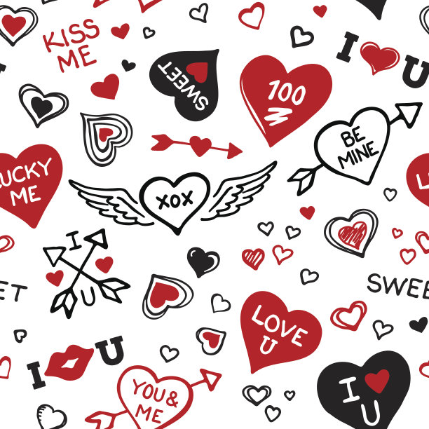 无缝图案手绘心和情人节的元素图片下载